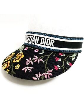 Christian Dior Embroidered Floral Visor Hat Black Logo Band Made in Italy